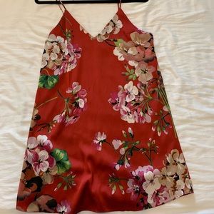 Red silk floral mini dress